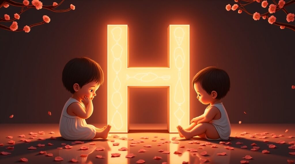 Des bébés d'origine asiatique, assis paisiblement autour d'une éclatante lettre néon rouge "H", entourés de pétales de cerisier tombant doucement, apportant une atmosphère sereine.