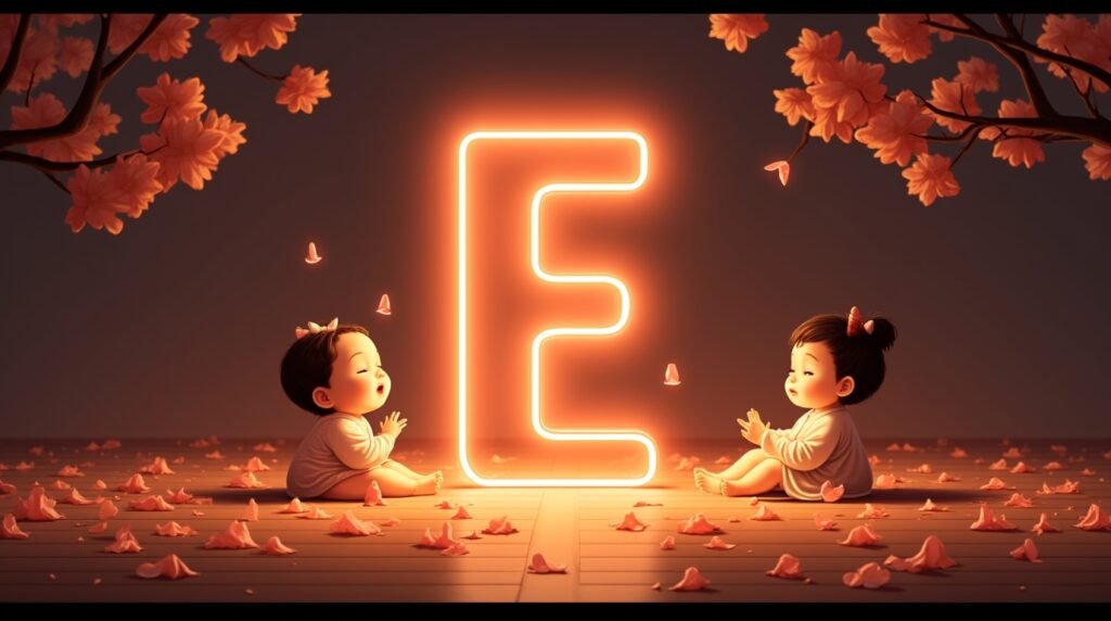 Des bébés d'origine asiatique, assis paisiblement autour d'une lettre néon rouge éclatante "E", entourés de pétales de cerisier tombant délicatement, créant une ambiance sereine.
