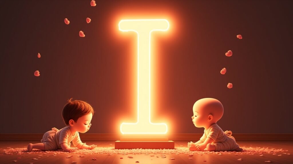 Des bébés d’origine asiatique, paisiblement installés autour d’une brillante lettre néon rouge "I", entourés de pétales de cerisier tombant doucement, créant une ambiance sereine et tranquille.