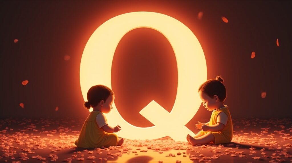 Des bébés d'origine asiatique, paisiblement installés autour d’une éclatante lettre néon rouge "Q", entourés de pétales de cerisier tombant doucement, créant une atmosphère sereine.