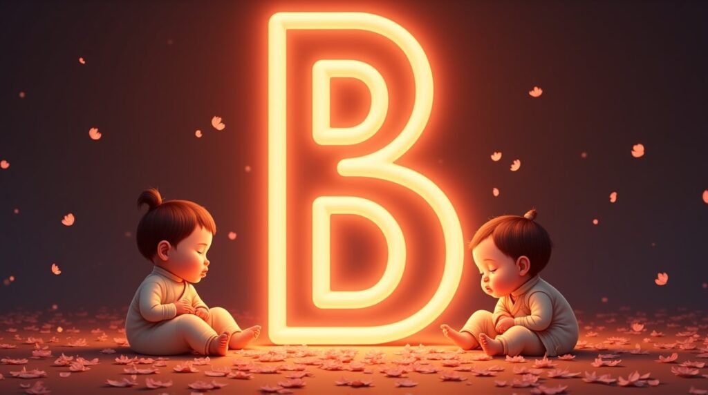 Des bébés d’origine asiatique, assis paisiblement autour d’une brillante lettre néon rouge "B", entourés de pétales de cerisier tombant délicatement, créant une ambiance sereine.
