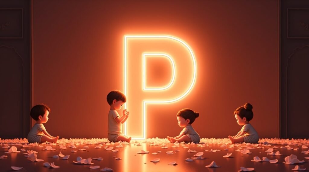 Des bébés d'origine asiatique, paisiblement assis autour d’une éclatante lettre néon rouge "P", entourés de pétales de cerisier tombant délicatement, apportant une atmosphère sereine.