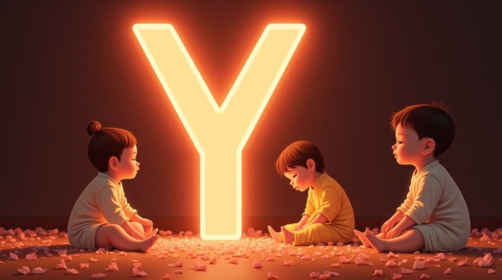 Des bébés d’origine asiatique, assis tranquillement autour d'une brillante lettre néon rouge "Y", entourés de pétales de cerisier tombant doucement, créant une atmosphère sereine et paisible.