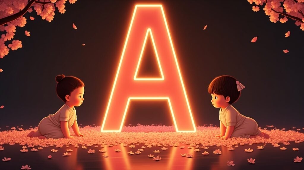 Des bébés d'origine asiatique, paisiblement installés autour d'une brillante lettre néon rouge "A", entourés de pétales de cerisier tombant délicatement, créant une atmosphère sereine.