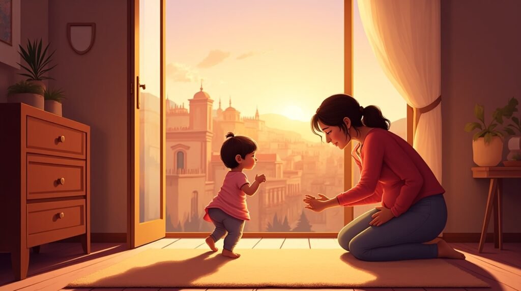 Un bébé espagnol fait ses premiers pas hésitants vers sa maman souriante, sous la lumière douce d’une pièce lumineuse, avec vue sur les paysages de la campagne espagnole.