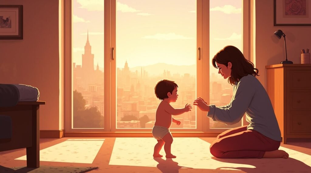 Un bébé argentin fait ses premiers pas hésitants vers sa maman souriante, sous la lumière douce d’une pièce, avec vue sur les montagnes et les champs verdoyants.