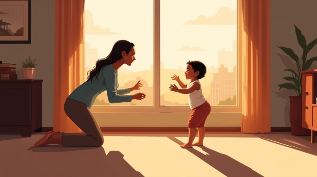 Un bébé colombien fait ses premiers pas hésitants vers sa maman souriante, sous la lumière douce d’une pièce, avec vue sur les montagnes et la végétation luxuriante.