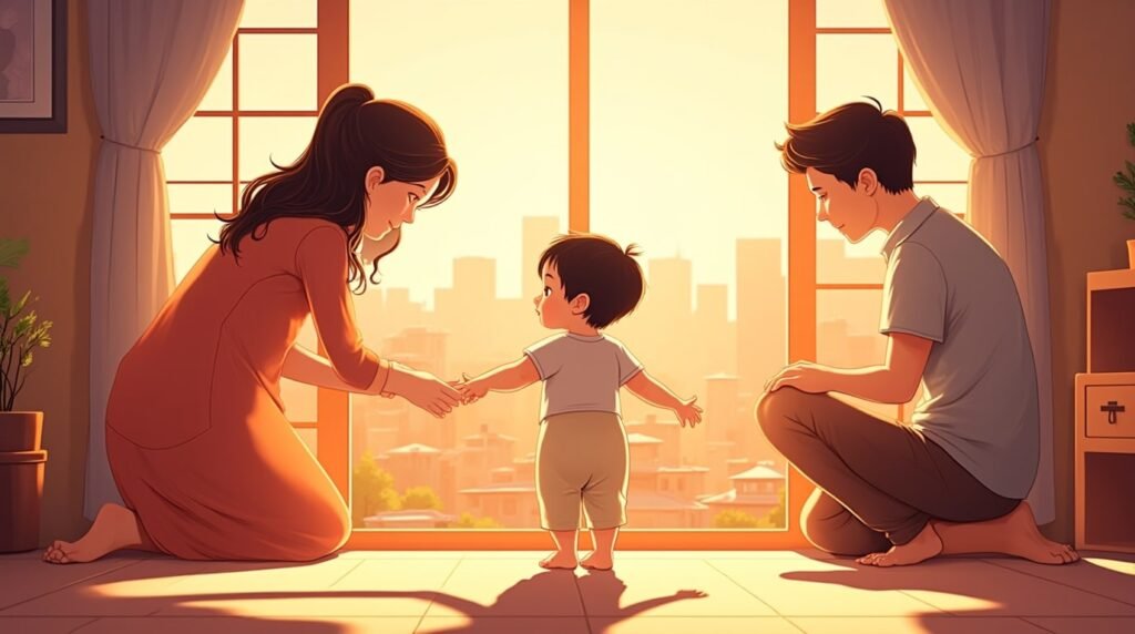 Un bébé japonais fait ses premiers pas hésitants vers sa maman souriante, sous une lumière douce et chaleureuse, avec vue sur les rizières en terrasse et les forêts luxuriantes du Japon.