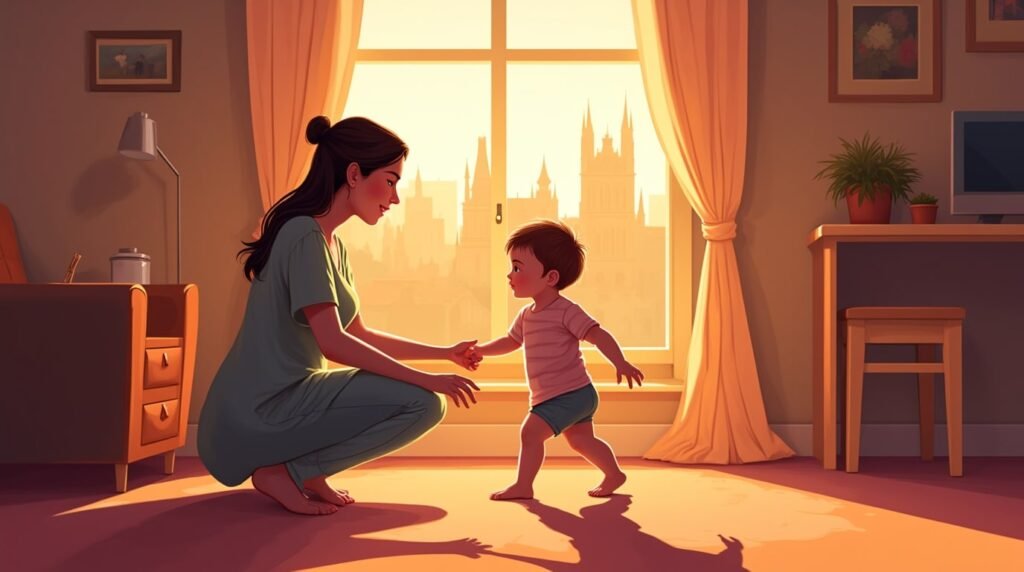 Un bébé anglais fait ses premiers pas hésitants vers sa maman souriante, sous une lumière douce et chaleureuse, avec une vue sur des champs verdoyants et des forêts luxuriantes.
