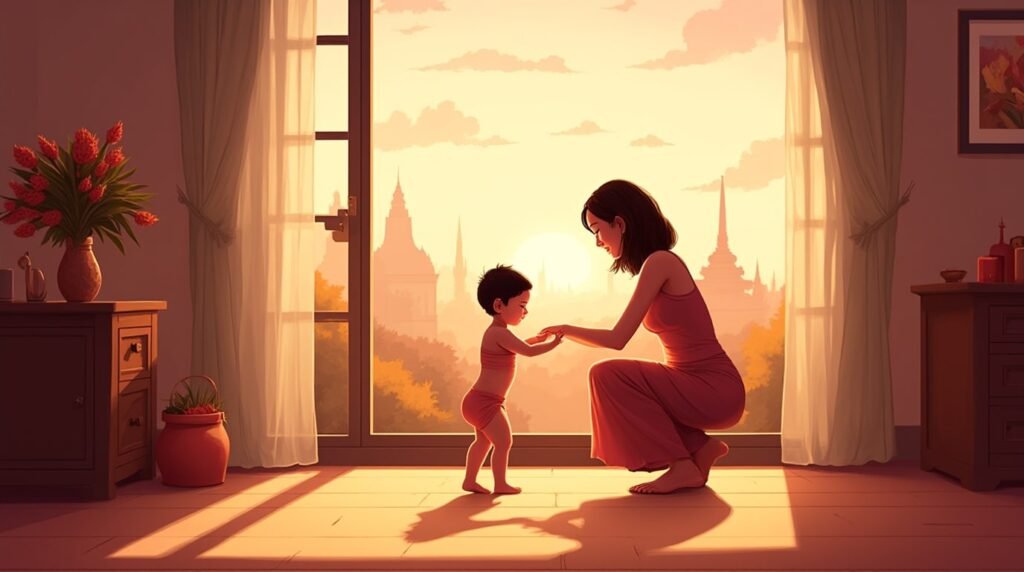 Un bébé thaïlandais fait ses premiers pas hésitants vers sa maman souriante, sous une lumière douce et chaleureuse, avec vue sur les rizières et les forêts luxuriantes de la Thaïlande.