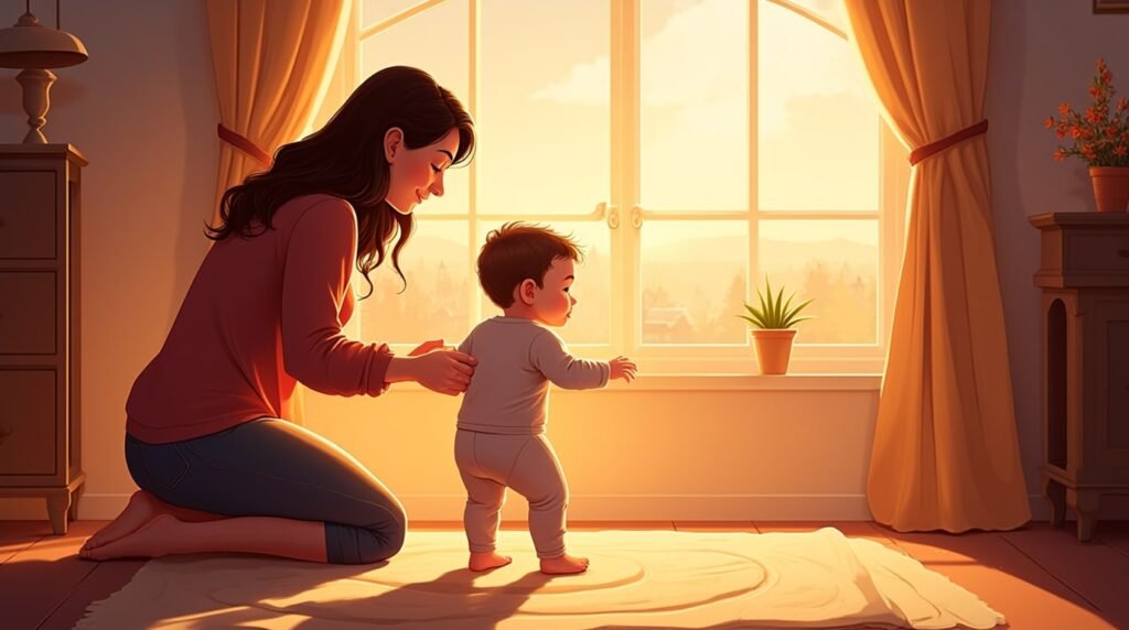 Un bébé irlandais fait ses premiers pas hésitants vers sa maman souriante, sous une lumière douce et chaleureuse, avec vue sur les champs verdoyants et les montagnes brumeuses de l'Irlande.