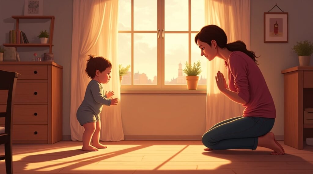 Un bébé alsacien fait ses premiers pas hésitants vers sa maman souriante, sous une lumière douce et chaleureuse, avec vue sur les prairies verdoyantes et les forêts luxuriantes de la région.