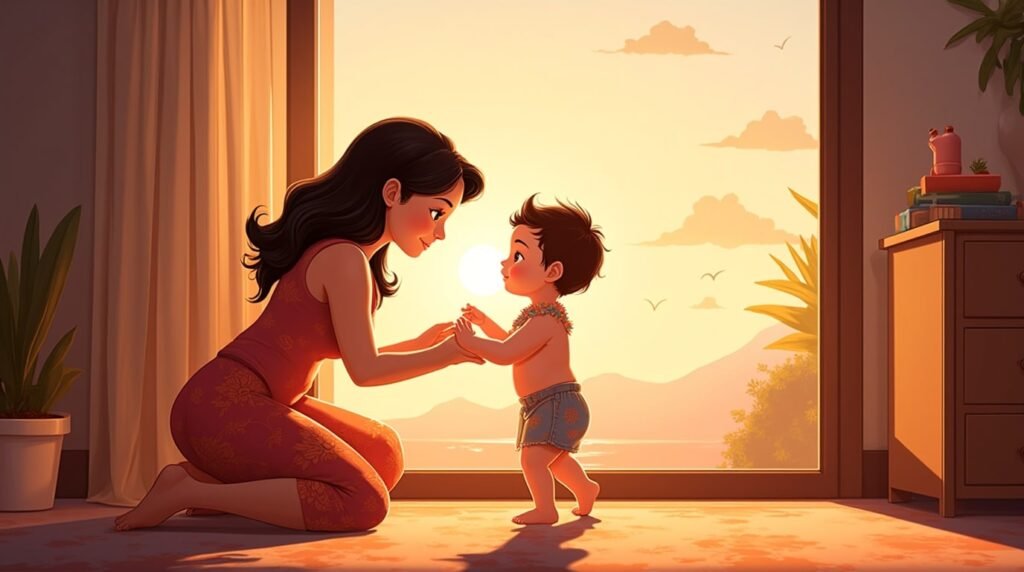 Un bébé tahitien fait ses premiers pas hésitants vers sa maman souriante, sous une lumière douce et chaleureuse, avec vue sur les plages de sable doré et les forêts tropicales de Tahiti.