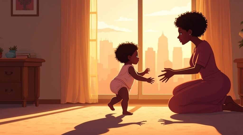Un bébé afro-américain fait ses premiers pas hésitants vers sa maman souriante, sous une lumière douce et chaleureuse, avec une vue sur des prairies verdoyantes et des forêts luxuriantes.