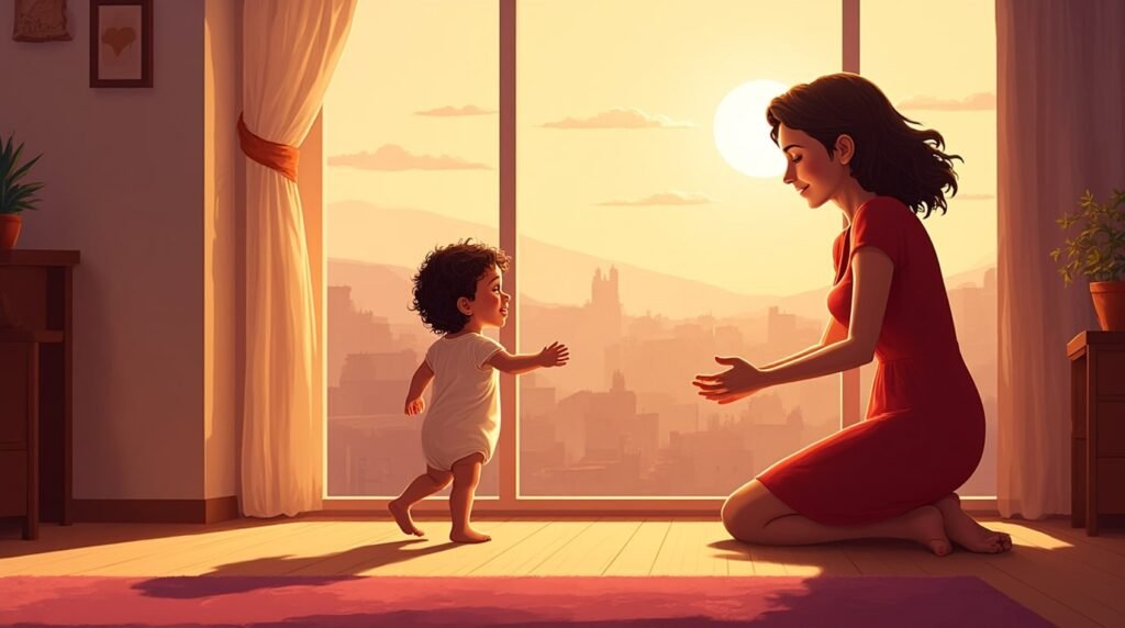 Un bébé corse fait ses premiers pas hésitants vers sa maman souriante, sous la lumière douce d’une pièce avec vue sur les montagnes et la mer.
