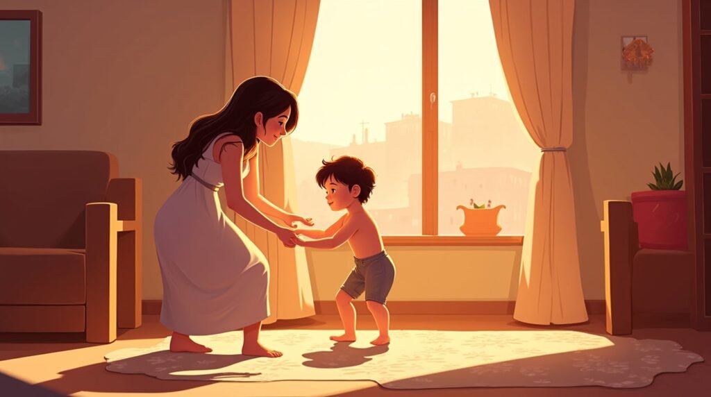 Un bébé grec fait ses premiers pas hésitants vers sa maman souriante, sous une lumière douce et chaleureuse, avec vue sur les plages dorées et les collines verdoyantes typiques des îles grecques.