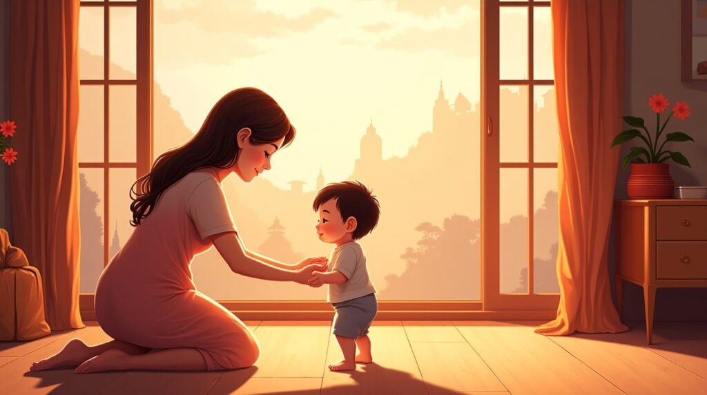 Un bébé vietnamien fait ses premiers pas hésitants vers sa maman souriante, sous une lumière douce et chaleureuse, avec vue sur les rizières et les forêts luxuriantes du Vietnam.