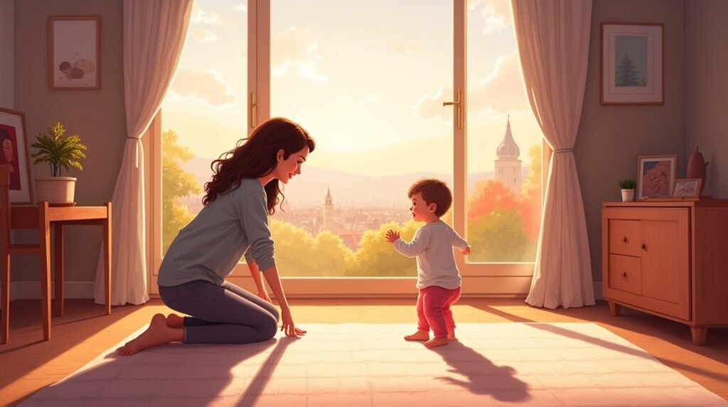 Un bébé autrichien fait ses premiers pas hésitants vers sa maman souriante, sous la lumière douce d’une pièce, avec vue sur les montagnes et les forêts alpines.