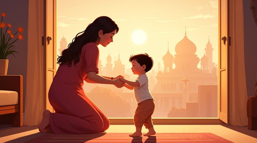 Un bébé indien fait ses premiers pas hésitants vers sa maman souriante, sous une lumière douce et chaleureuse, avec vue sur les champs de riz et les montagnes verdoyantes typiques de l'Inde.