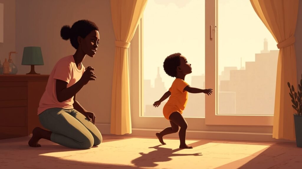 Un bébé africain fait ses premiers pas hésitants vers sa maman souriante, sous la lumière douce d’une pièce, avec vue sur les savanes et les forêts luxuriantes.
