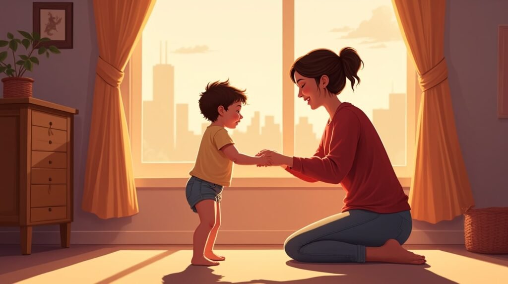 Un bébé américain fait ses premiers pas hésitants vers sa maman souriante, sous une lumière douce et chaleureuse, avec vue sur des prairies verdoyantes et des forêts luxuriantes.