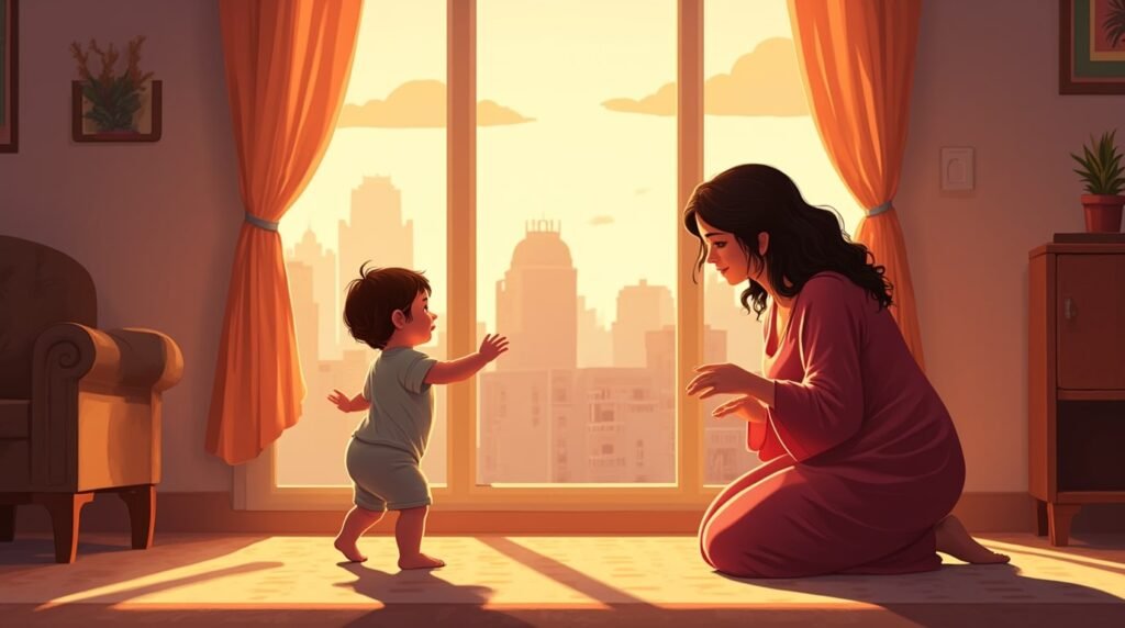 Un bébé algérien fait ses premiers pas hésitants vers sa maman souriante, sous la lumière douce d’une pièce, avec vue sur les montagnes, les forêts et les champs verdoyants.