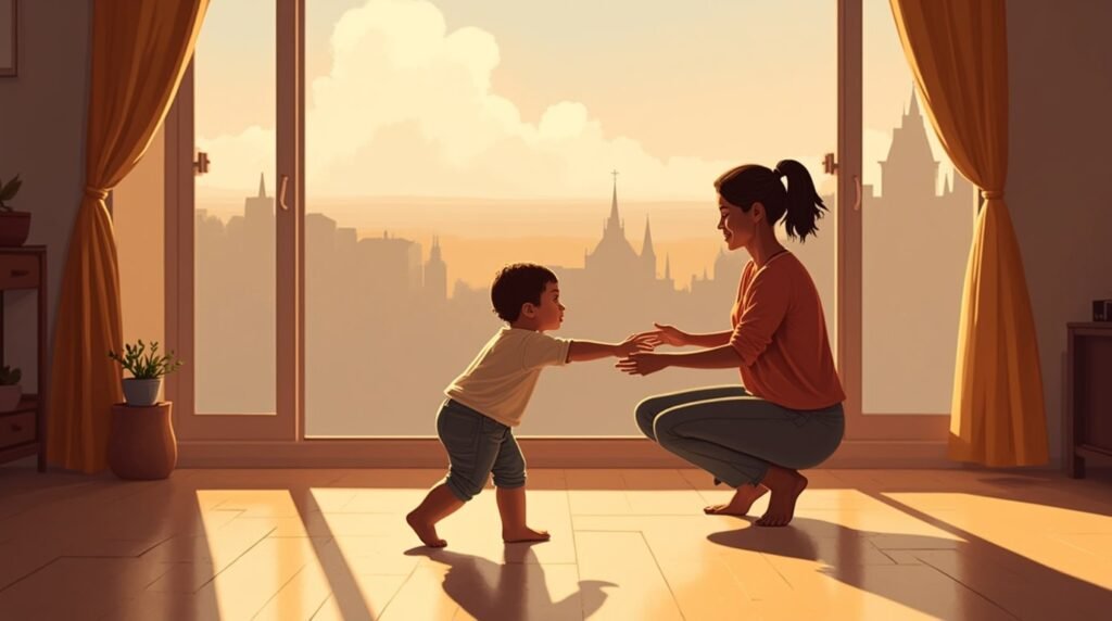 Un bébé basque fait ses premiers pas hésitants vers sa maman souriante, sous la lumière douce d’une pièce, avec vue sur les montagnes et les champs verdoyants du Pays Basque.