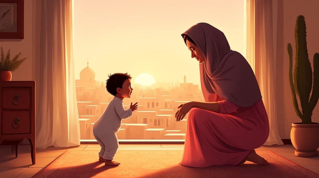 Un bébé marocain fait ses premiers pas hésitants vers sa maman souriante, sous les lumières douces d’une pièce décorée de tissus et de paniers en osier.