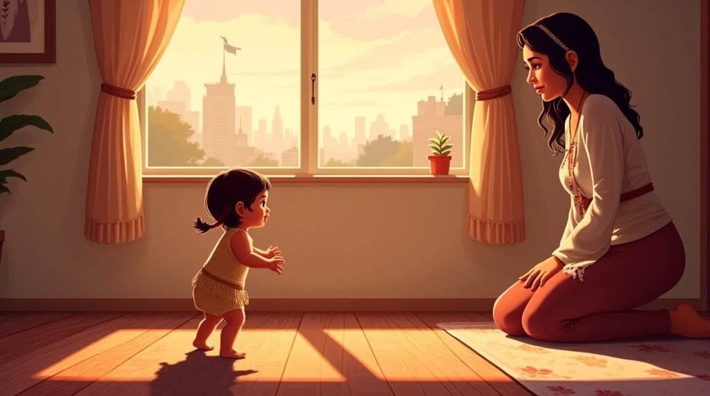 Un bébé amérindien fait ses premiers pas hésitants vers sa maman souriante, sous la lumière douce d’une pièce, avec vue sur les montagnes, les forêts et les rivières naturelles.