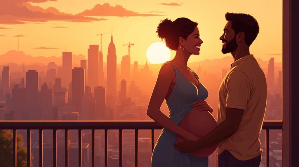 Une femme afro-américaine annonce à son mari, le cœur rempli d'émotion, qu’elle attend un enfant, depuis une terrasse en bois, avec vue sur un quartier animé et des champs dorés.