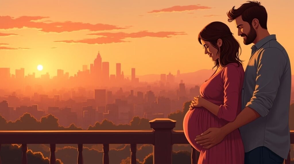 Une femme américaine annonce avec enthousiasme à son mari qu’elle attend un bébé, depuis une terrasse en bois, surplombant un village pittoresque et des champs dorés.