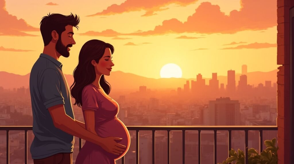 Une femme argentine annonce avec émotion à son mari qu’elle est enceinte, depuis une terrasse en bois, surplombant un village pittoresque et les plaines argentines.