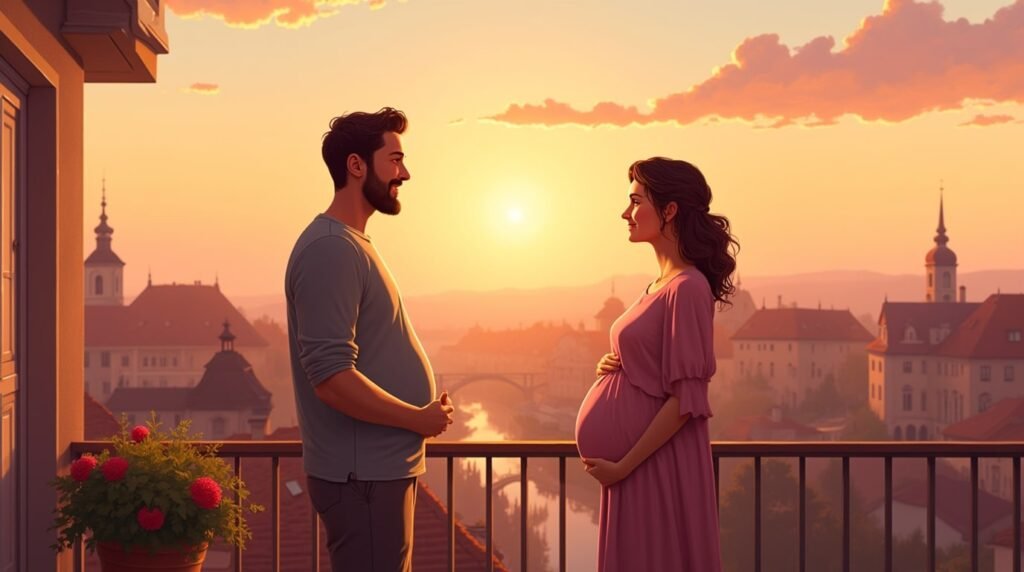 Une femme autrichienne annonce avec émotion à son mari qu’elle est enceinte, depuis une terrasse en bois, surplombant un village traditionnel et les vallées verdoyantes.