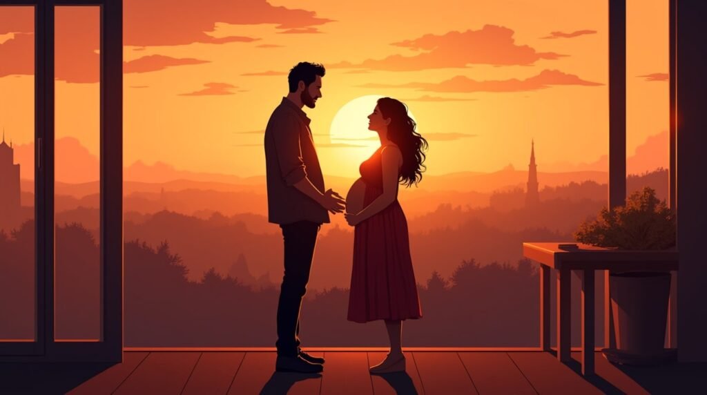 Une femme belge annonce à son mari, émue et pleine de joie, qu’elle attend un bébé, depuis une terrasse en bois, surplombant un village pittoresque et les champs de blé dorés typiques de la région flamande.