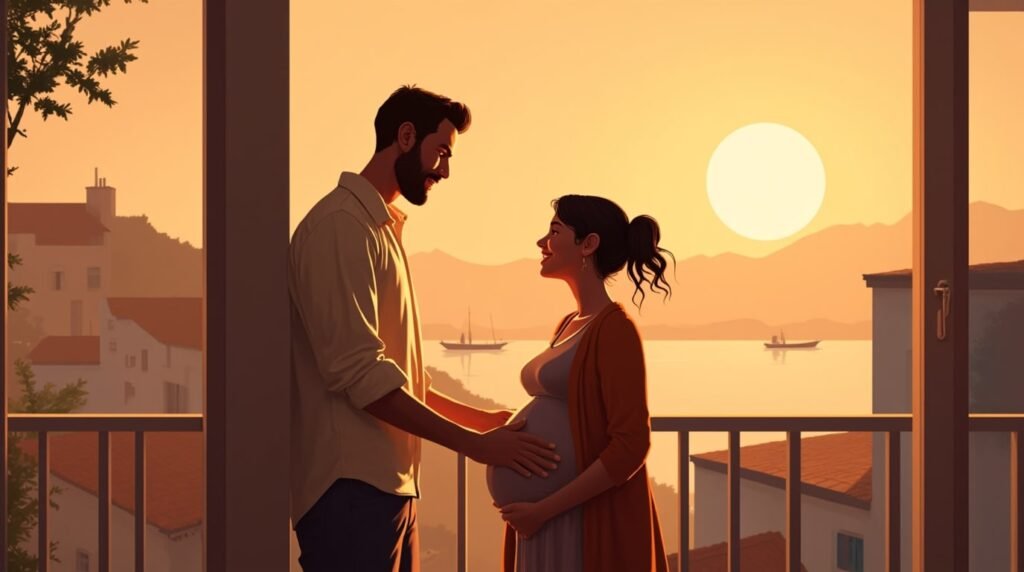 Une femme basque annonce avec émotion à son mari qu’elle est enceinte, depuis une terrasse en pierre, surplombant un village traditionnel et les vallées verdoyantes.