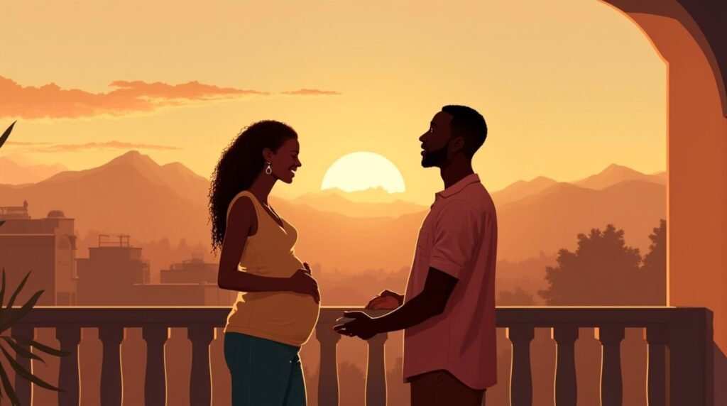 Une femme camerounaise annonce avec une joie immense à son mari qu’elle attend un bébé, depuis une terrasse en bois, offrant une vue sur un village animé et les champs de cultures typiques du Cameroun.