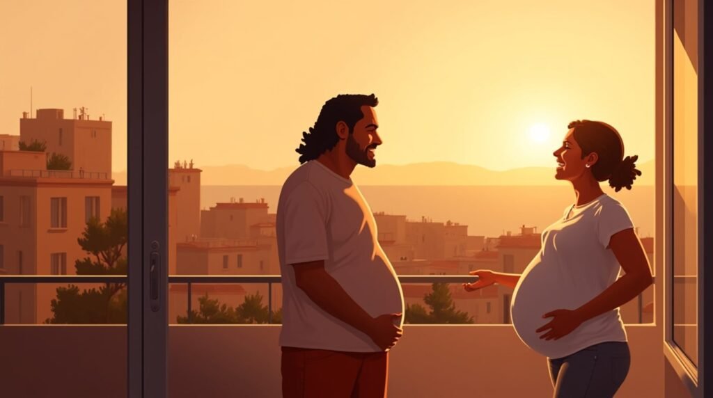 Une femme catalane annonce avec émotion à son mari qu’elle est enceinte, depuis une terrasse en pierre, surplombant un village pittoresque et les collines environnantes.