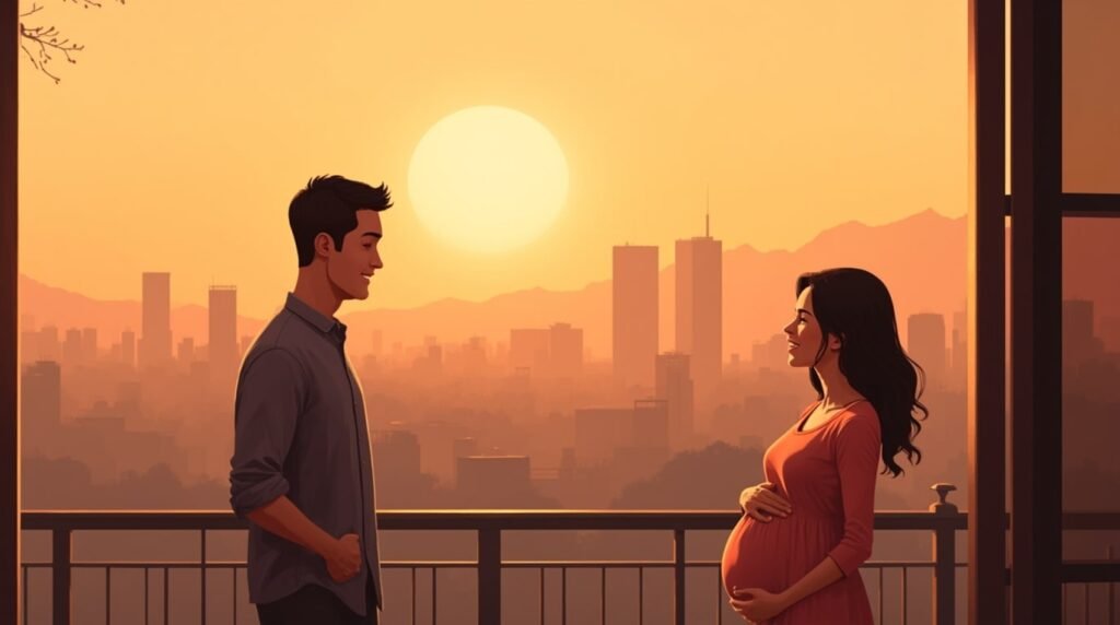 Une femme chinoise annonce à son mari, le cœur empli de bonheur, qu’elle attend un bébé, depuis une terrasse en bois, avec vue sur un village traditionnel et des champs de riz dorés typiques de la campagne chinoise.