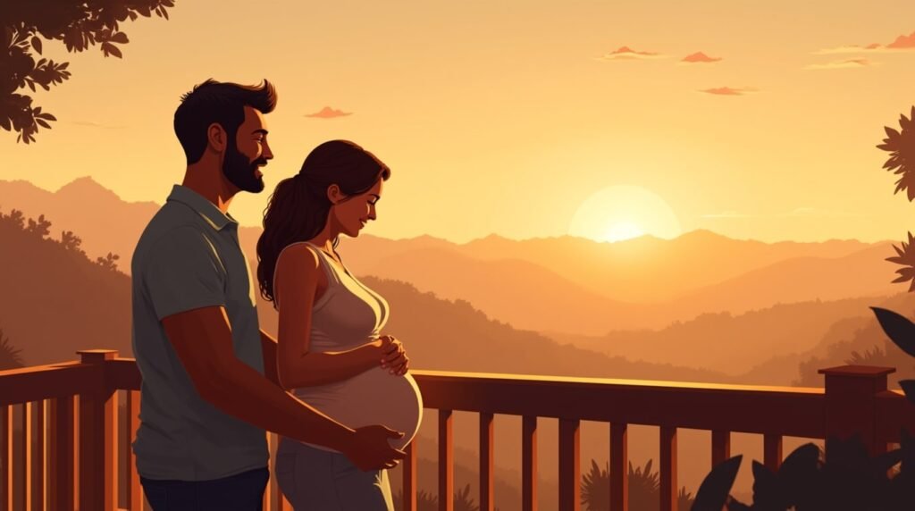 Une femme colombienne annonce avec émotion à son mari qu’elle est enceinte, depuis une terrasse en bois, surplombant un village pittoresque et les collines verdoyantes.