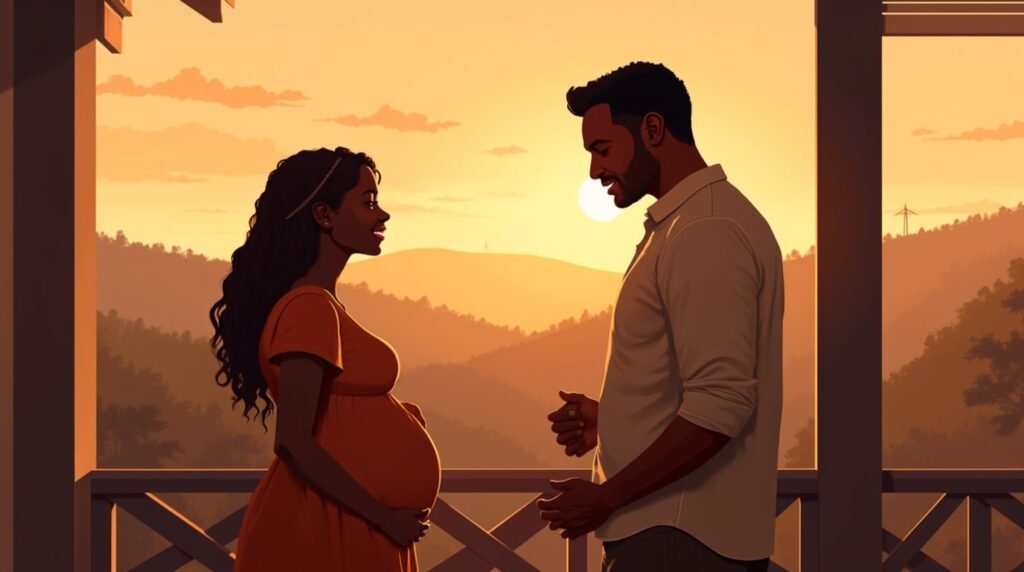 Une femme congolaise annonce avec émotion à son mari qu’elle est enceinte, depuis une terrasse en bois, surplombant un village traditionnel et la savane environnante.