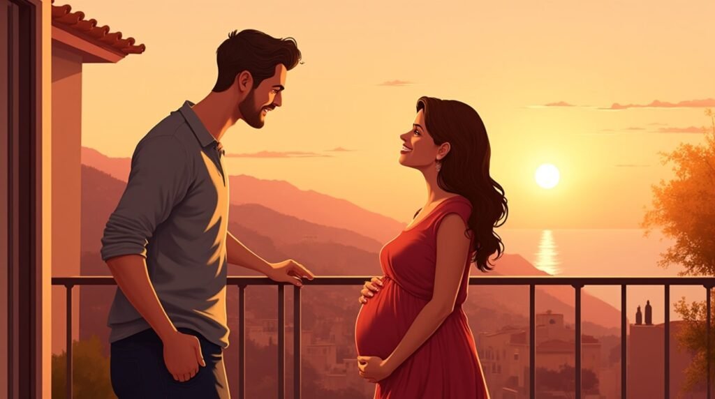 Une femme corse annonce avec émotion à son mari qu’elle est enceinte, depuis une terrasse en pierre, surplombant un village pittoresque et la mer bleue.