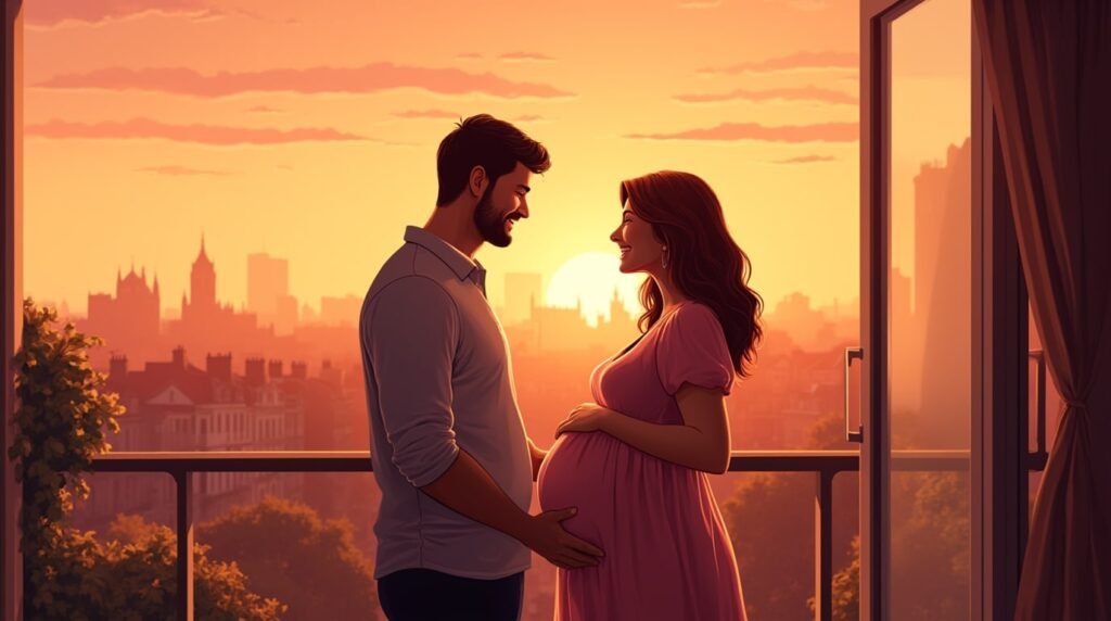 Une femme alsacienne annonce avec émotion à son mari qu’elle est enceinte, depuis une terrasse en bois, surplombant un village typique et les vastes forêts verdoyantes.