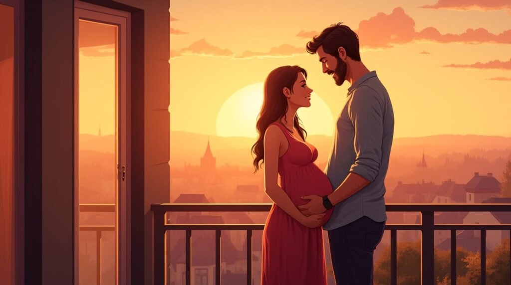 Une femme allemande annonce à son mari, visiblement émue, qu’elle attend un enfant, depuis une terrasse en bois, avec vue sur un charmant village et des champs d’or en arrière-plan.