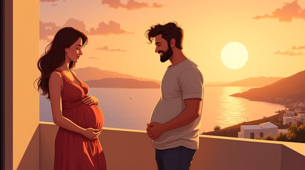 Une femme grecque annonce avec une immense joie à son mari qu’elle attend un bébé, depuis une terrasse en bois, avec vue sur un village pittoresque et les champs de vignes dorées typiques des îles grecques.