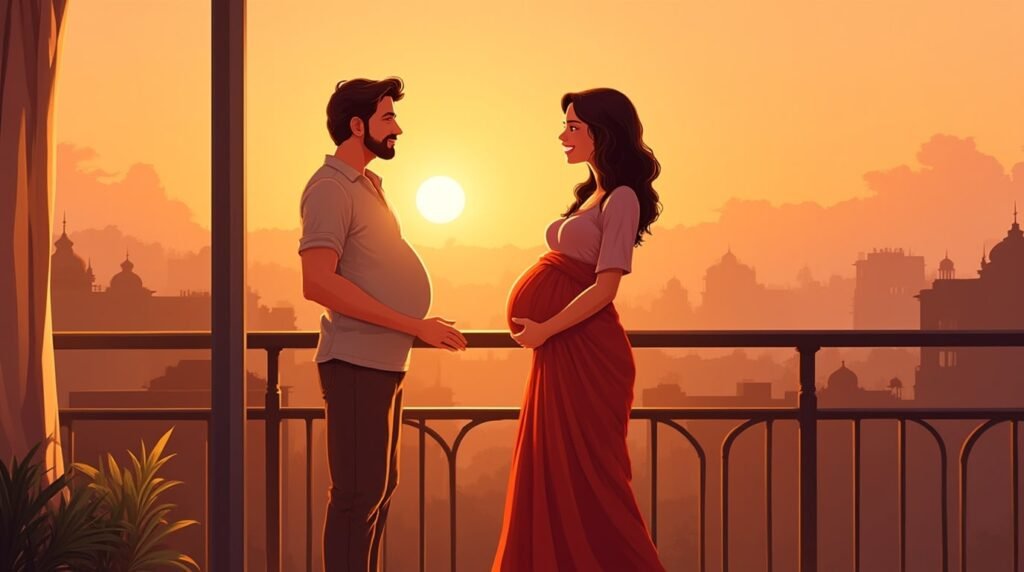 Une femme indienne annonce avec une immense joie à son mari qu’elle attend un bébé, depuis une terrasse en bois, avec vue sur un village pittoresque et des champs de riz dorés caractéristiques de l'Inde.