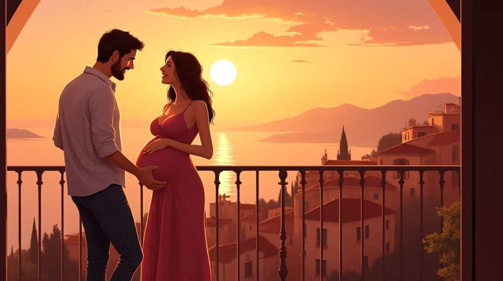Une femme italienne annonce avec émotion à son mari qu’elle est enceinte, depuis une terrasse verdoyante donnant sur les toits de Rome et la coupole de Saint-Pierre.