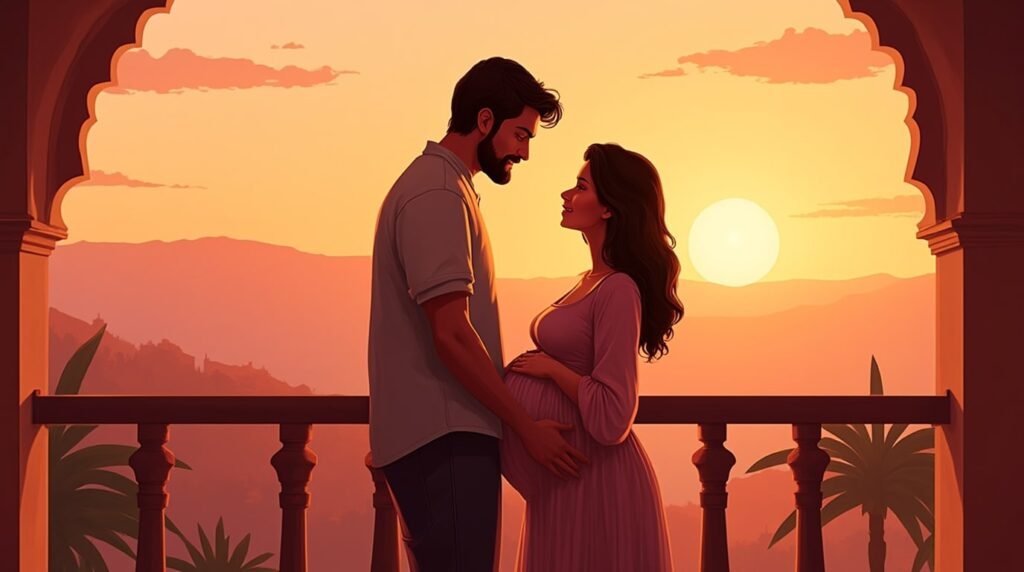 Une femme marocaine révèle avec émotion à son mari qu’elle est enceinte, sur une terrasse fleurie surplombant les toits rouges d’une médina animée.