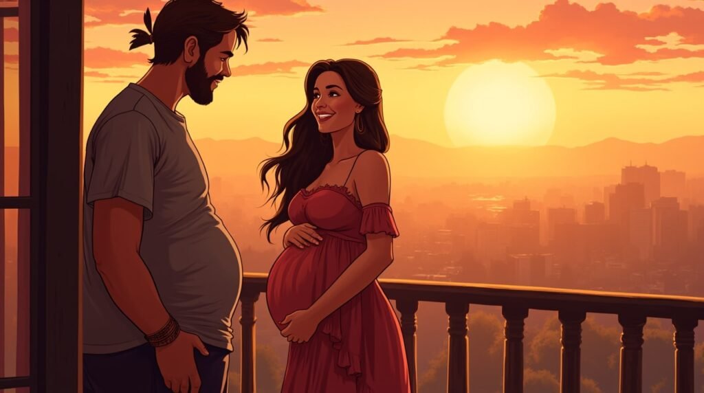 Une femme amérindienne annonce avec émotion à son mari qu’elle est enceinte, depuis une terrasse en bois, surplombant un village traditionnel et les vastes plaines.