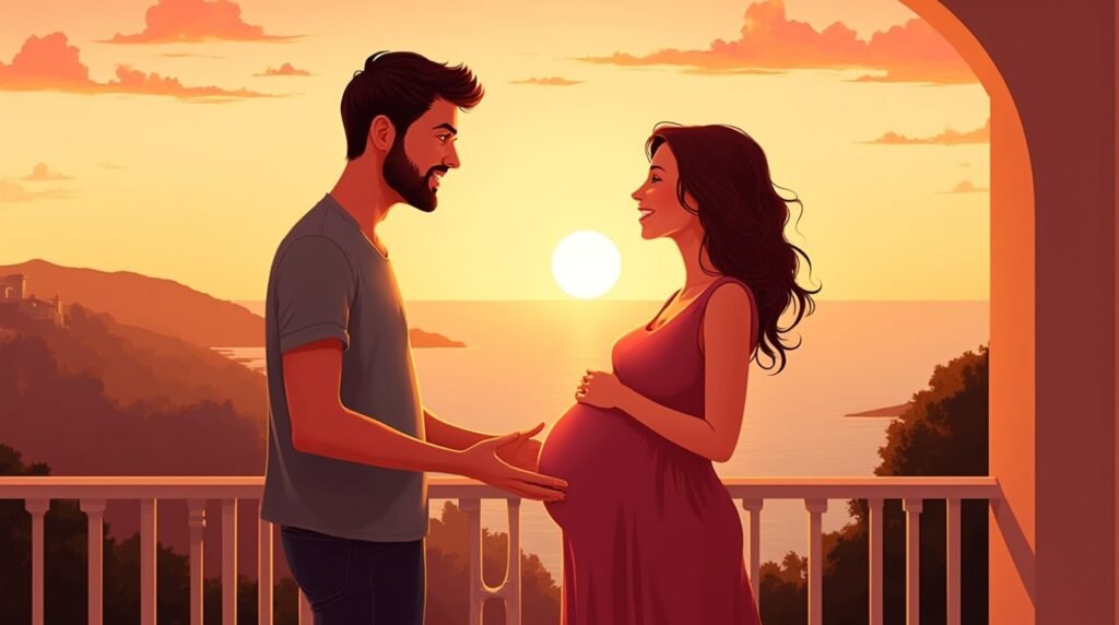 Une femme portugaise annonce à son mari, le cœur empli de bonheur, qu’elle attend un bébé, depuis une terrasse en bois, avec vue sur un village pittoresque et les vastes champs dorés caractéristiques des paysages portugais.