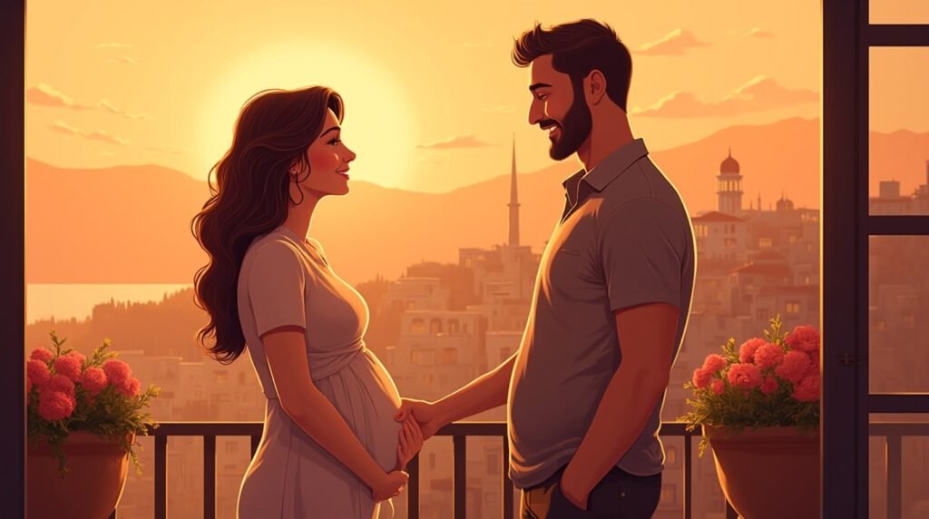 Une femme turque annonce avec une immense joie à son mari qu’elle attend un bébé, depuis une terrasse en bois, avec vue sur un village pittoresque et les champs dorés typiques de la campagne turque.